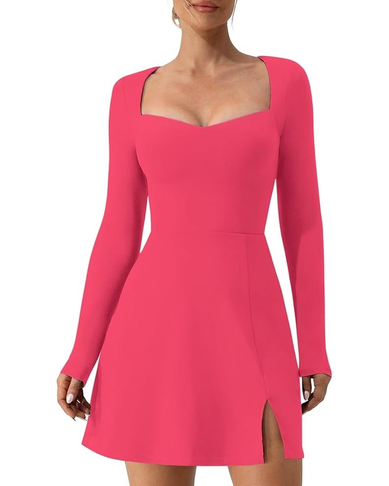 Women's Long Sleeve Square Neck Mini Dress with Side Slit - Sexy Bodice and Flare Dress Perfect for Fall Sweetheart Neck Rose...