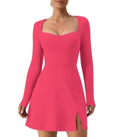 Women's Long Sleeve Square Neck Mini Dress with Side Slit - Sexy Bodice and Flare Dress Perfect for Fall Sweetheart Neck Rose...