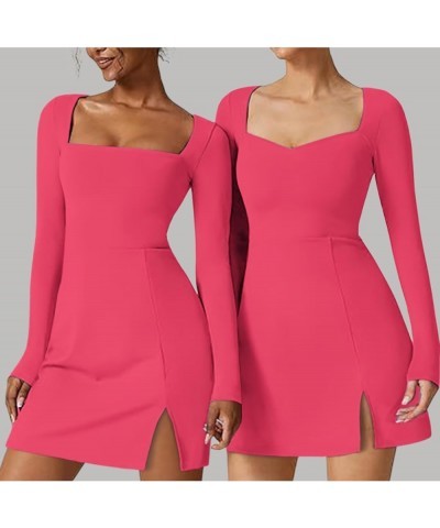 Women's Long Sleeve Square Neck Mini Dress with Side Slit - Sexy Bodice and Flare Dress Perfect for Fall Sweetheart Neck Rose...