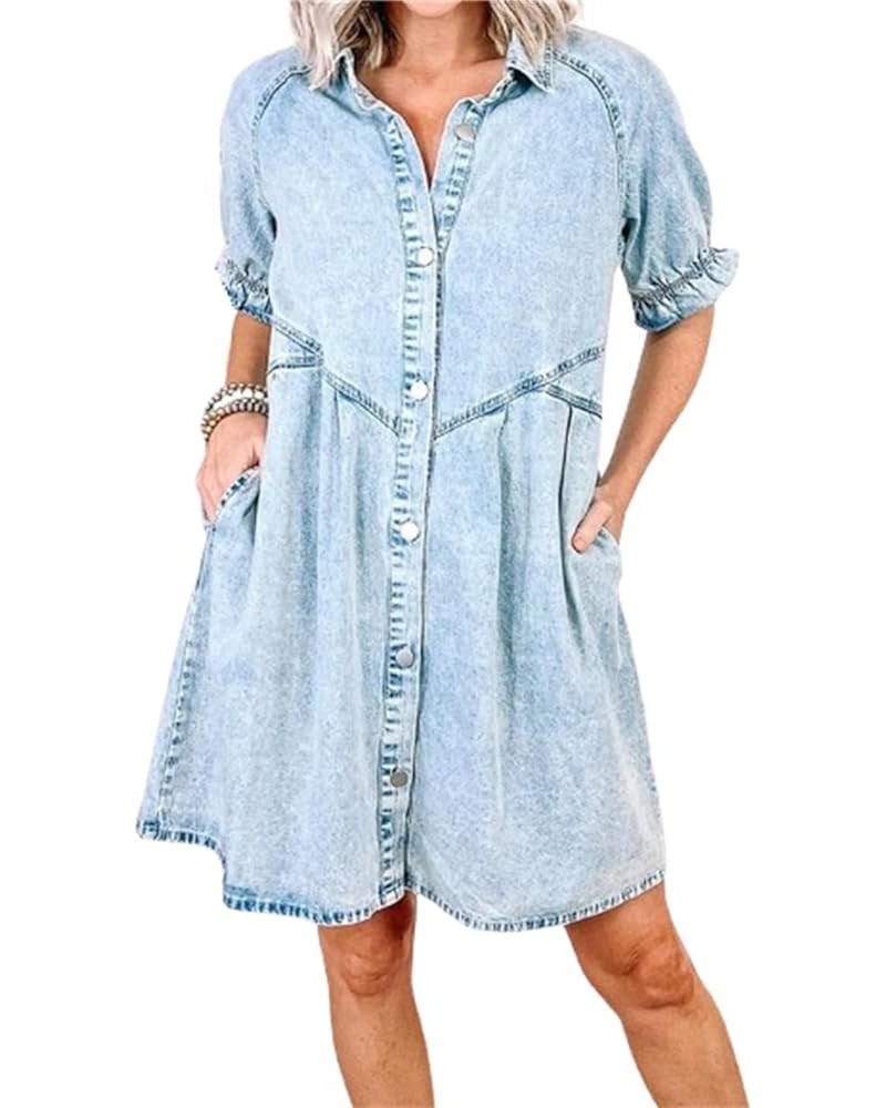 Denim Button Down Dress for Women Casual 3/4 Sleeve Jean Dress Babydoll Denim Shirt Dresses S-blue Denim Dress $12.80 Dresses