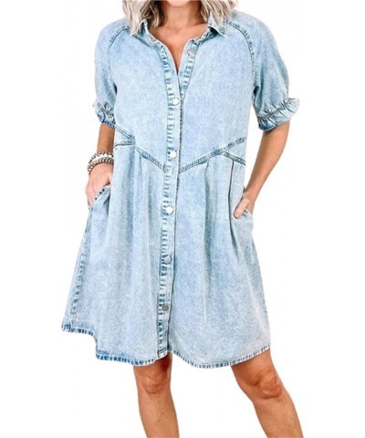 Denim Button Down Dress for Women Casual 3/4 Sleeve Jean Dress Babydoll Denim Shirt Dresses S-blue Denim Dress $12.80 Dresses