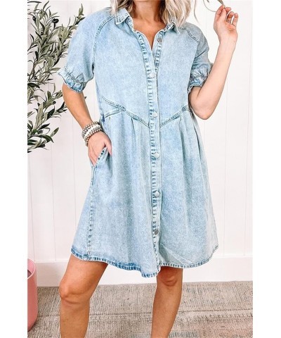 Denim Button Down Dress for Women Casual 3/4 Sleeve Jean Dress Babydoll Denim Shirt Dresses S-blue Denim Dress $12.80 Dresses