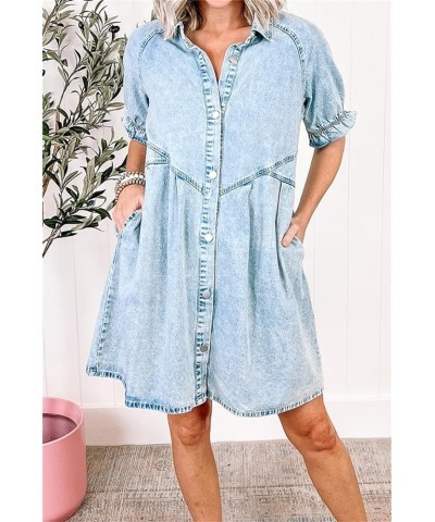 Denim Button Down Dress for Women Casual 3/4 Sleeve Jean Dress Babydoll Denim Shirt Dresses S-blue Denim Dress $12.80 Dresses