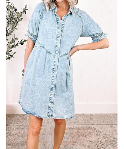 Denim Button Down Dress for Women Casual 3/4 Sleeve Jean Dress Babydoll Denim Shirt Dresses S-blue Denim Dress $12.80 Dresses