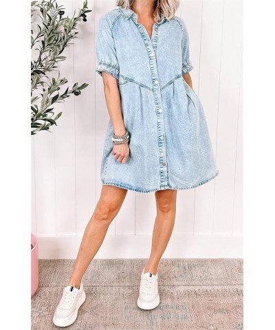 Denim Button Down Dress for Women Casual 3/4 Sleeve Jean Dress Babydoll Denim Shirt Dresses S-blue Denim Dress $12.80 Dresses