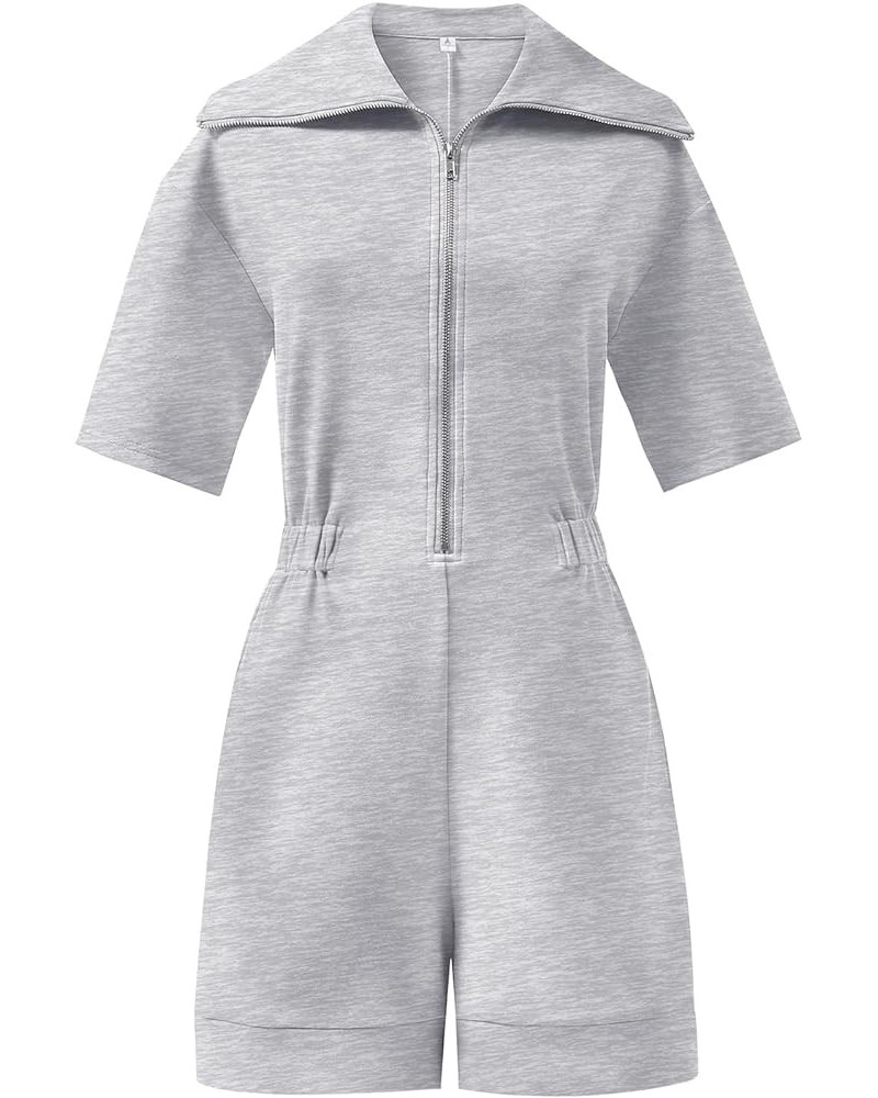 Women's Casual Rompers Short Sleeve Half Zip Collars Shorts Jumpsuits Summer Outfits Grey $11.99 Rompers