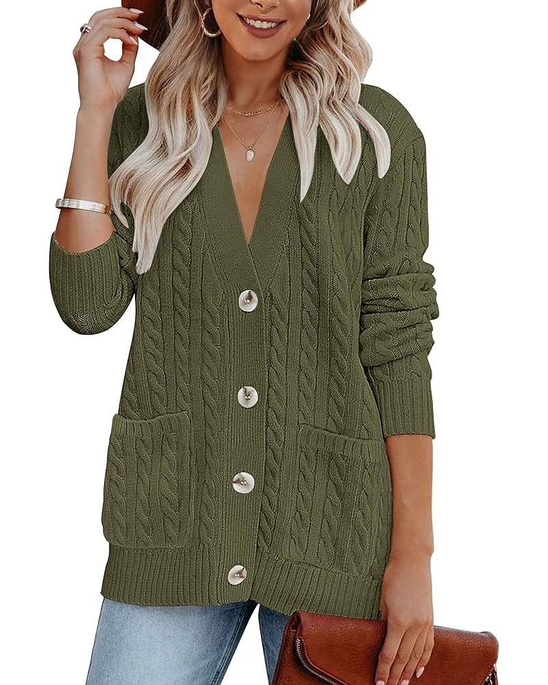 Women's 2024 Long Sleeve Cable Knit Button Cardigan Sweater Open Front Outwear Coat with Pockets Army Green $26.39 Sweaters