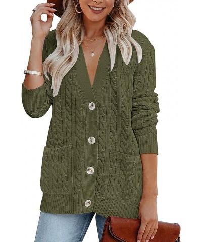 Women's 2024 Long Sleeve Cable Knit Button Cardigan Sweater Open Front Outwear Coat with Pockets Army Green $26.39 Sweaters