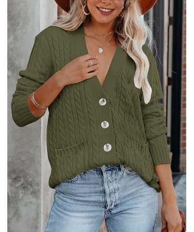 Women's 2024 Long Sleeve Cable Knit Button Cardigan Sweater Open Front Outwear Coat with Pockets Army Green $26.39 Sweaters