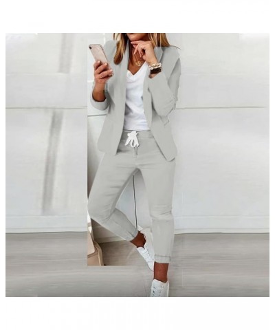 Women's 2 Piece Outfits Dressy Open Front Lapel Neck Blazer Coat and Drawstring Pant Sets Work Office Casual Suit Set Moon Gr...