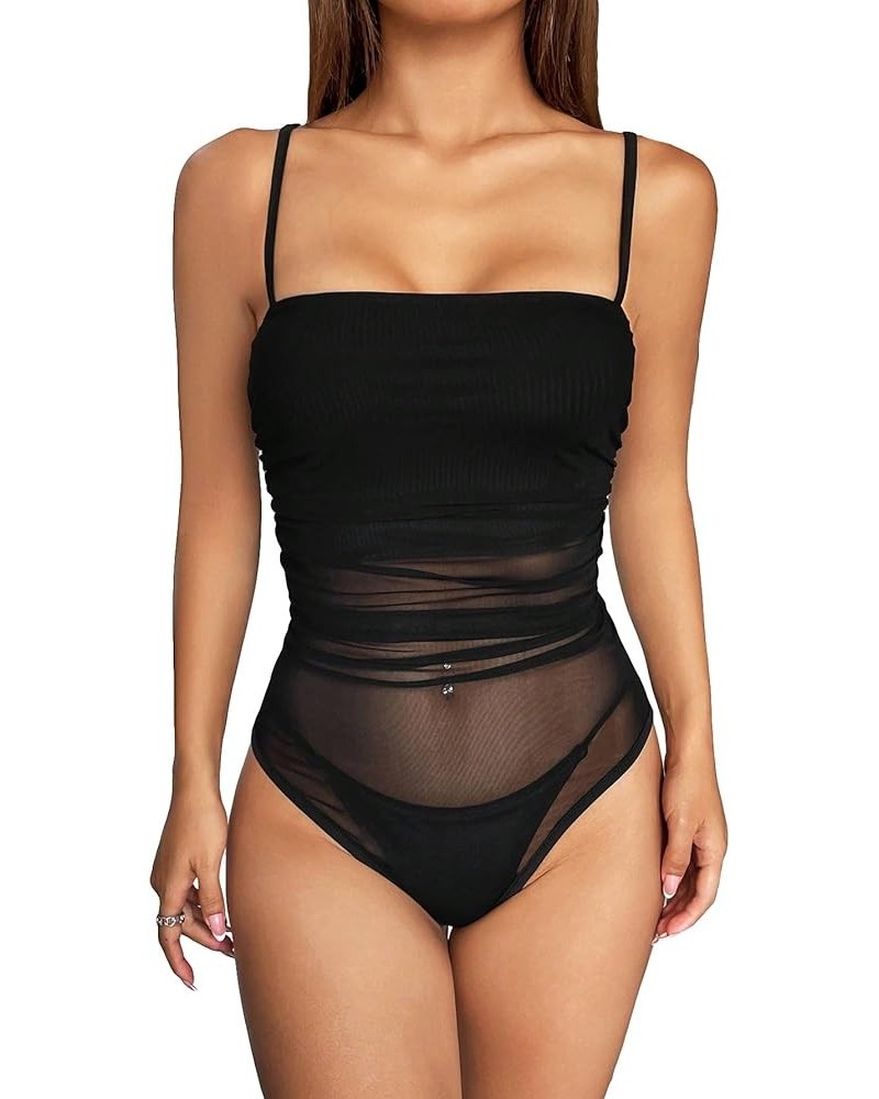 Women's Mesh Sheer Sleeveless Spaghetti Strap Ruched Cami Bodysuit Tops Skinny Leotard Top Black $18.28 Bodysuits