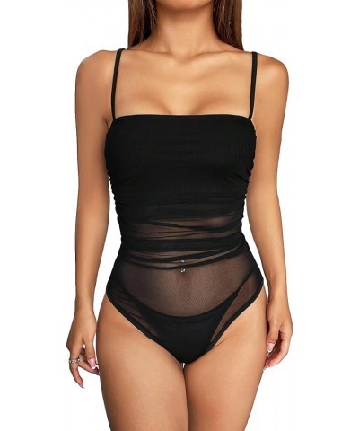 Women's Mesh Sheer Sleeveless Spaghetti Strap Ruched Cami Bodysuit Tops Skinny Leotard Top Black $18.28 Bodysuits