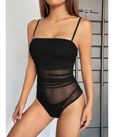 Women's Mesh Sheer Sleeveless Spaghetti Strap Ruched Cami Bodysuit Tops Skinny Leotard Top Black $18.28 Bodysuits