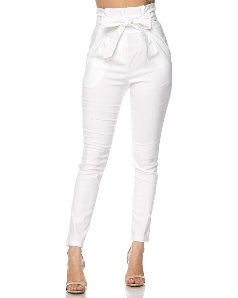 Women's Casual High Rise Bow-Tie Paper Bag Waist Pants with Spandex White $15.84 Pants