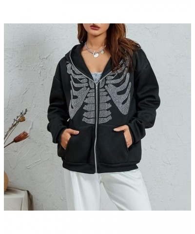 Women Y2k Full Zip Up Hoodie Goth Graphic Print Rhinestone Sweatshirt Aesthetic Harajuku Oversized Jacket Streetwear J Black ...