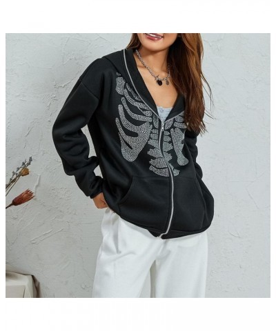 Women Y2k Full Zip Up Hoodie Goth Graphic Print Rhinestone Sweatshirt Aesthetic Harajuku Oversized Jacket Streetwear J Black ...