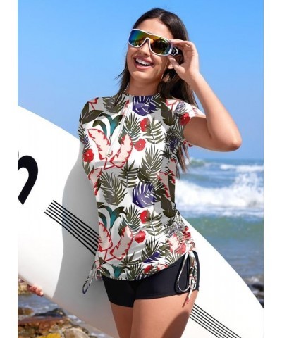 Women's UV Sun Protection 1/4 Zip Short Sleeve Ruched Rash Guard Shirt Black Leaf $20.39 Swimsuits