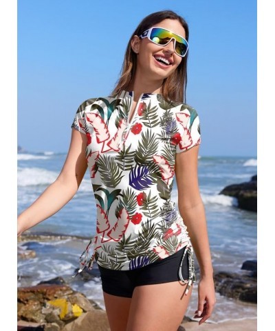 Women's UV Sun Protection 1/4 Zip Short Sleeve Ruched Rash Guard Shirt Black Leaf $20.39 Swimsuits