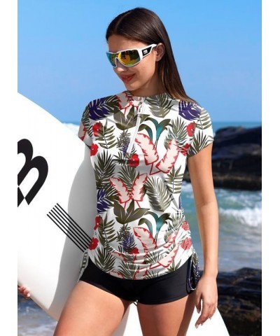 Women's UV Sun Protection 1/4 Zip Short Sleeve Ruched Rash Guard Shirt Black Leaf $20.39 Swimsuits