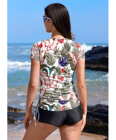 Women's UV Sun Protection 1/4 Zip Short Sleeve Ruched Rash Guard Shirt Black Leaf $20.39 Swimsuits