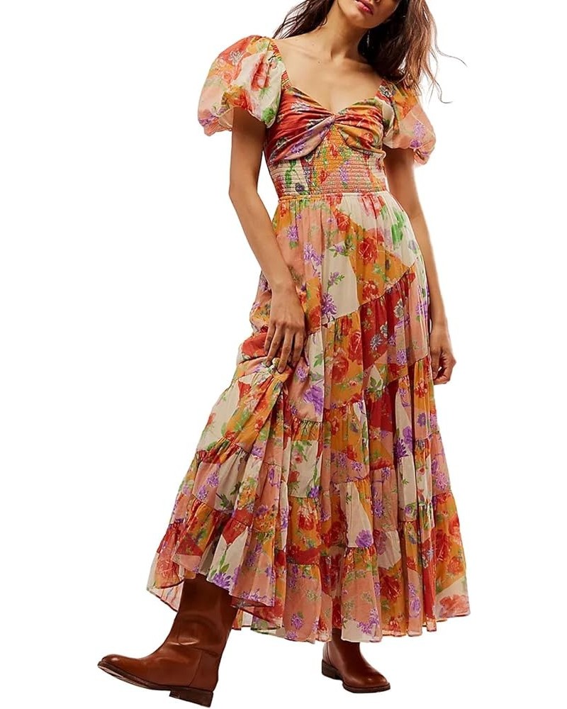 Women Boho Cap Sleeve Maxi Dress Y2K Floral Print Backless Corset Party Dress for Beach Cocktail Summer Streetwear R-yellow $...