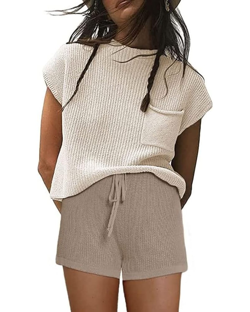 Women's Sweater Sets Outfits Two Piece Cap Sleeve Knit Pullover Tops and Mini Shorts Apricot $11.75 Activewear