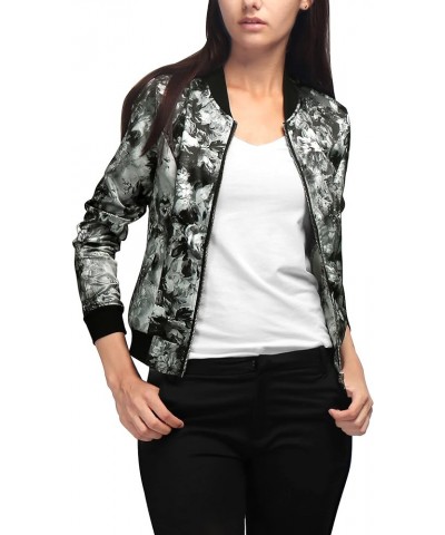 Women's Stand Collar Zip Up Floral Print Bomber Jacket Gray $18.07 Jackets