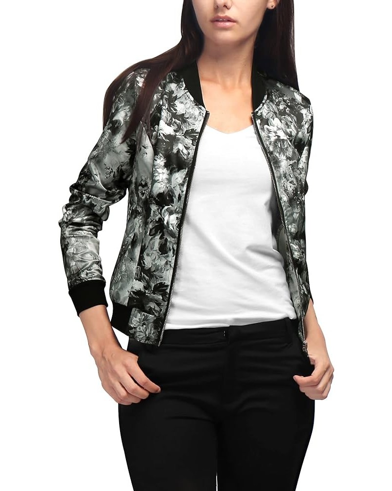 Women's Stand Collar Zip Up Floral Print Bomber Jacket Gray $18.07 Jackets