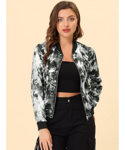 Women's Stand Collar Zip Up Floral Print Bomber Jacket Gray $18.07 Jackets