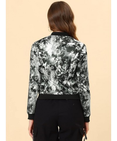 Women's Stand Collar Zip Up Floral Print Bomber Jacket Gray $18.07 Jackets