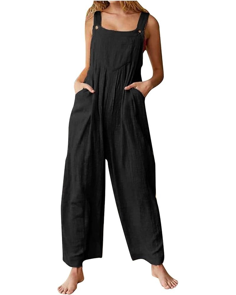 Womens Jumpsuits Loose Jumpsuits for Women Vintage Button Sleeveless Overalls Wide Leg Jumpsuit Overalls with Pockets 02-blac...