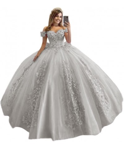 Women's Off Shoulder Quinceanera Dresses 3D Flower Puffy Ball Gown Lace Beaded Prom Dresses for Sweet 15 16 XY069 Silver $46....