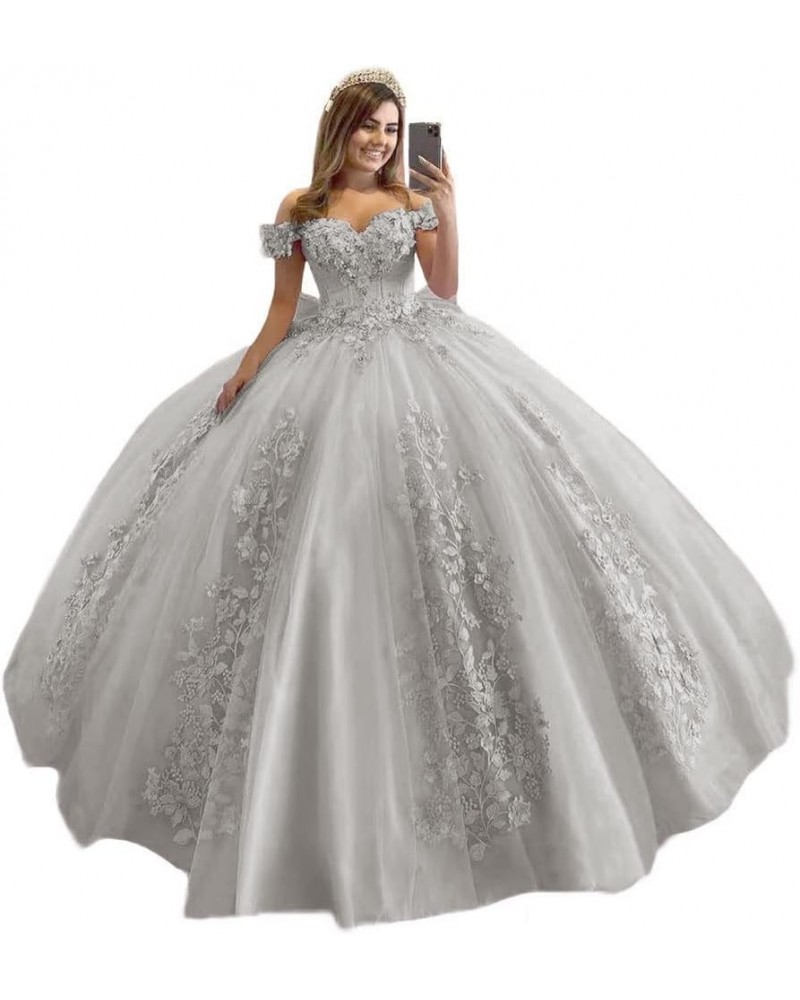 Women's Off Shoulder Quinceanera Dresses 3D Flower Puffy Ball Gown Lace Beaded Prom Dresses for Sweet 15 16 XY069 Silver $46....