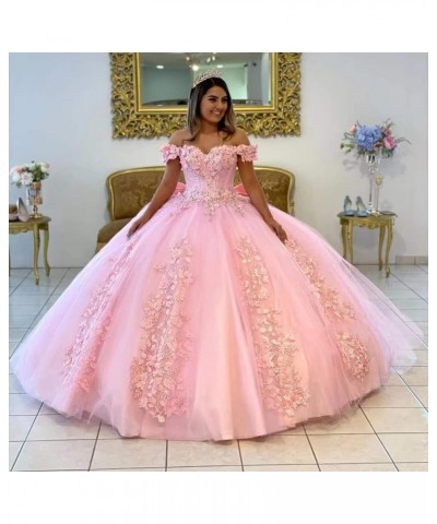 Women's Off Shoulder Quinceanera Dresses 3D Flower Puffy Ball Gown Lace Beaded Prom Dresses for Sweet 15 16 XY069 Silver $46....