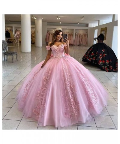 Women's Off Shoulder Quinceanera Dresses 3D Flower Puffy Ball Gown Lace Beaded Prom Dresses for Sweet 15 16 XY069 Silver $46....