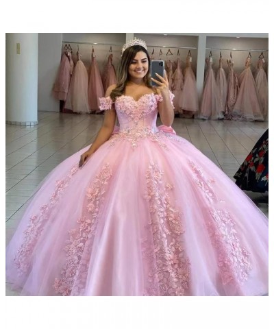 Women's Off Shoulder Quinceanera Dresses 3D Flower Puffy Ball Gown Lace Beaded Prom Dresses for Sweet 15 16 XY069 Silver $46....