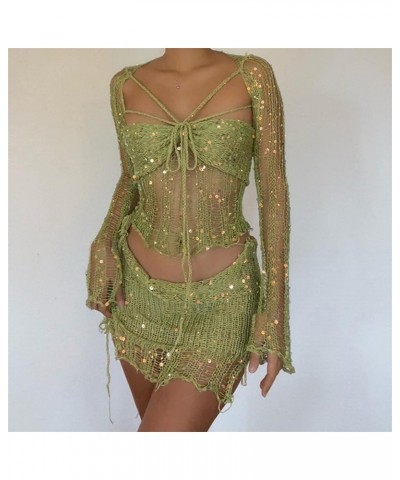 Womens Sweater Sets 2 Piece Outfits With Shimmering Sequins Sexy Distressed Cutouts And Rope Tie Short Skirt Sequin1-green $1...