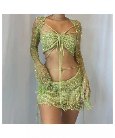 Womens Sweater Sets 2 Piece Outfits With Shimmering Sequins Sexy Distressed Cutouts And Rope Tie Short Skirt Sequin1-green $1...