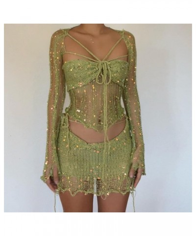 Womens Sweater Sets 2 Piece Outfits With Shimmering Sequins Sexy Distressed Cutouts And Rope Tie Short Skirt Sequin1-green $1...