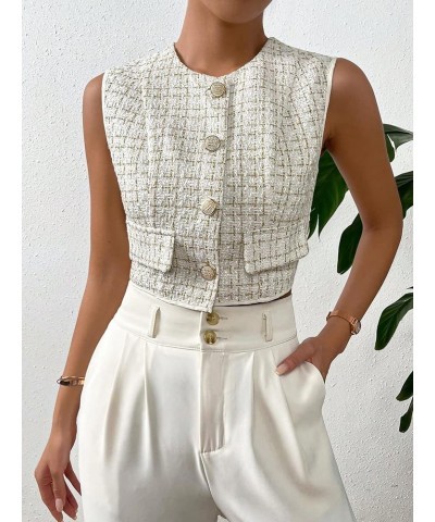 Women's Plaid Print Sleeveless Button Front Round Neck Tweed Crop Vest Jacket Beige $19.37 Vests