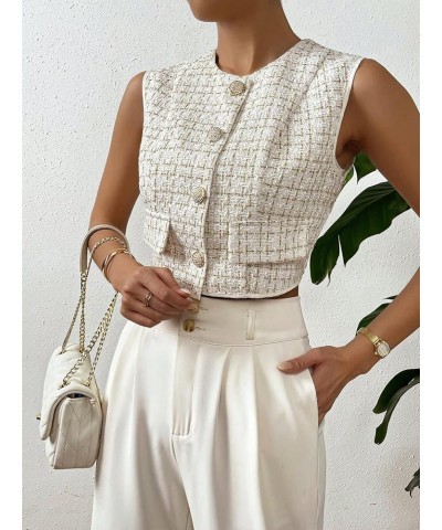 Women's Plaid Print Sleeveless Button Front Round Neck Tweed Crop Vest Jacket Beige $19.37 Vests