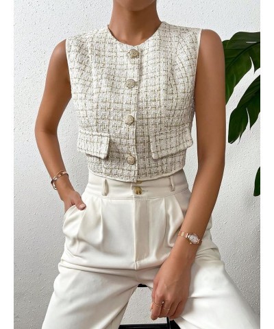 Women's Plaid Print Sleeveless Button Front Round Neck Tweed Crop Vest Jacket Beige $19.37 Vests