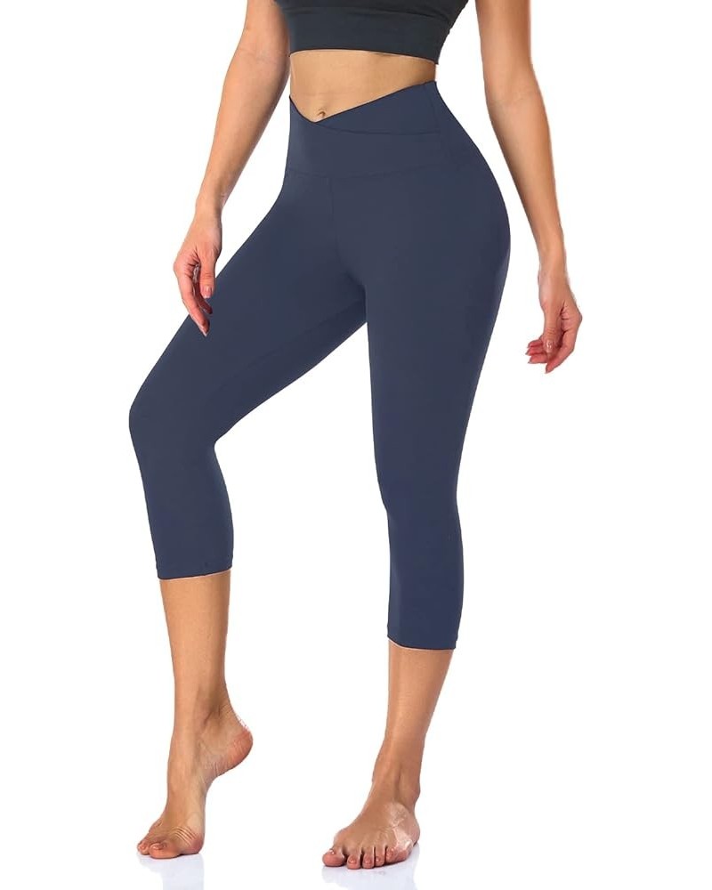 V Cross Waist Capri Leggings for Women- Summer Workout Tummy Control Butt Lift Soft Sports Gym Yoga Pants Tights Navy Blue $7...