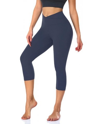 V Cross Waist Capri Leggings for Women- Summer Workout Tummy Control Butt Lift Soft Sports Gym Yoga Pants Tights Navy Blue $7...