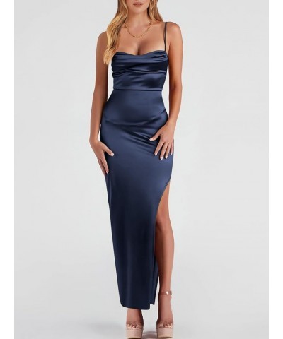 Women Satin Maxi Dress Sleeveless Spaghetti Strap Cowl Neck Summer Ruched Bodycon High Slit Formal Dresses Navy Blue $31.89 D...