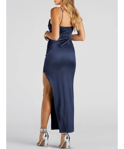 Women Satin Maxi Dress Sleeveless Spaghetti Strap Cowl Neck Summer Ruched Bodycon High Slit Formal Dresses Navy Blue $31.89 D...