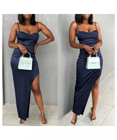 Women Satin Maxi Dress Sleeveless Spaghetti Strap Cowl Neck Summer Ruched Bodycon High Slit Formal Dresses Navy Blue $31.89 D...