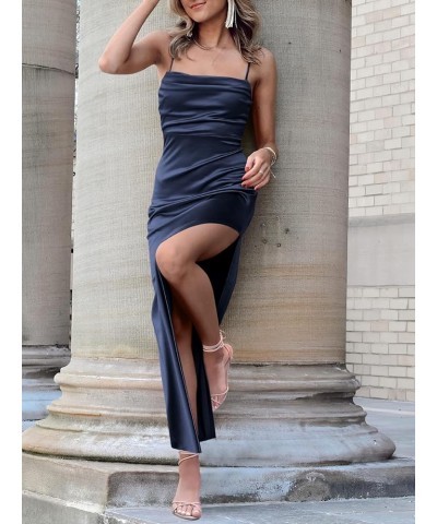 Women Satin Maxi Dress Sleeveless Spaghetti Strap Cowl Neck Summer Ruched Bodycon High Slit Formal Dresses Navy Blue $31.89 D...