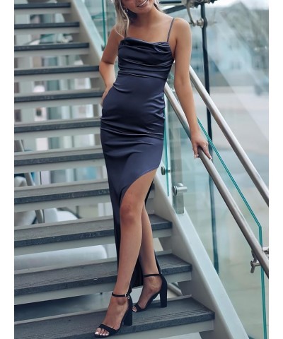 Women Satin Maxi Dress Sleeveless Spaghetti Strap Cowl Neck Summer Ruched Bodycon High Slit Formal Dresses Navy Blue $31.89 D...