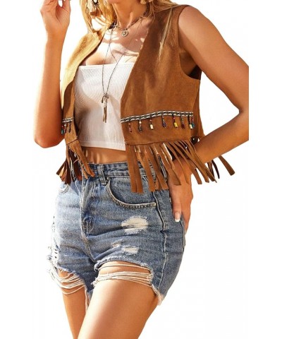 Women's Fringe Trim Sleeveless Vest Jackets Open Front Suede Vest Outerwear Brown $15.50 Vests